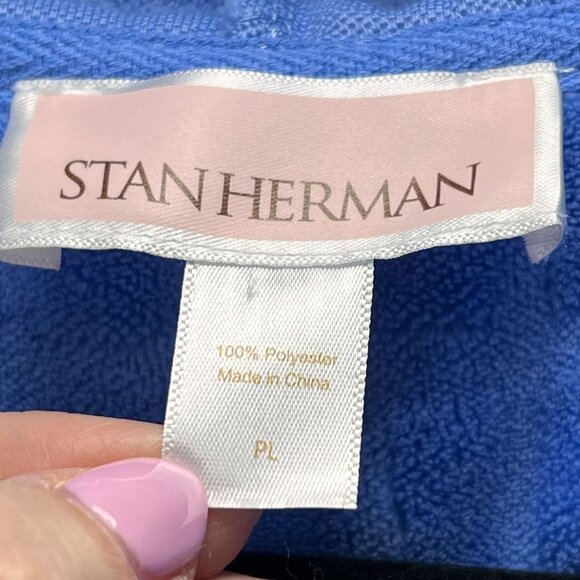 Stan Herman Womens Hooded Full Zip Bath Robe PL Blue Plush Pockets Short Sleeve - Picture 5 of 11